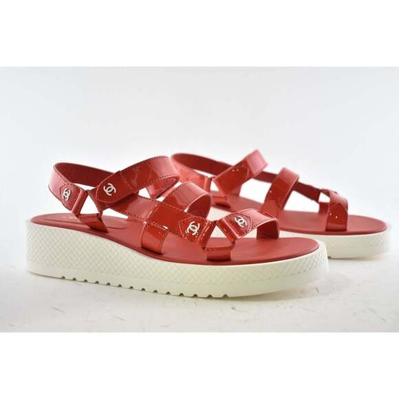 Chanel 20C Red Patent White CC Logo Mule Slide Strap Flat Dad Daddy Sandal 40 - Picture 2 of 8